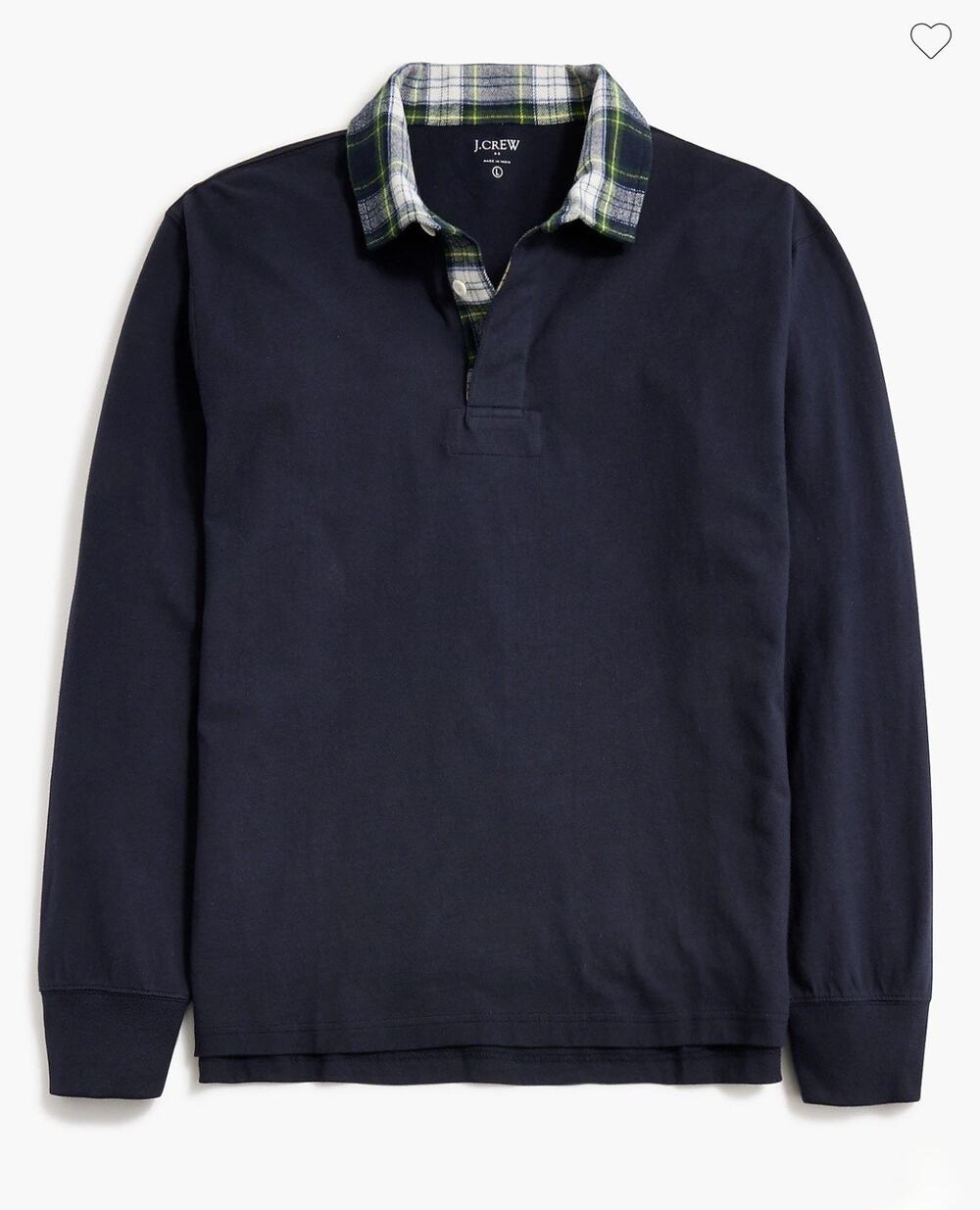 J. Crew Rugby Shirt Navy Blue Long Sleeve Pullover Plaid Knit Collar Men’s LG